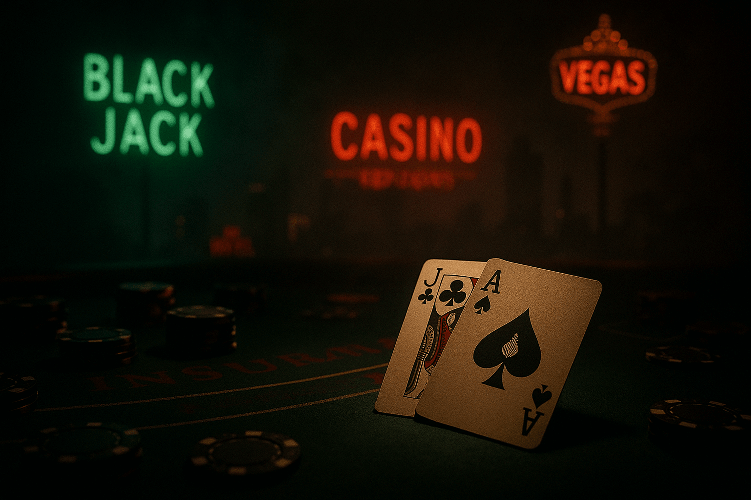 A dark, cinematic background of a blackjack table lit only by glowing neon green and red lights. A spotlight highlights playing cards (Ace of Spades and Jack of Clubs) half-hidden on the table, while poker chips glimmer faintly in the shadows. In the distance, a moody Las Vegas skyline with vintage neon signs and smoky haze sets the atmosphere. The mood is mysterious and exclusive, like a secret high-stakes game waiting to begin. Perfect as a website hero background, with dark edges for overlay text.