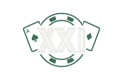 Minimalist geometric logo featuring the Roman numeral "XXI" in bold block style, sharp angular lines, and clean symmetry. Design should be modern and strong, with a casino vibe — include subtle poker chip and playing card elements around or behind the text. Use white lettering with optional green accent highlights. Transparent background.
